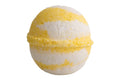 Yellow and white bath bomb on a white background