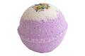 Purple bath bomb with colorful sprinkles on a white background