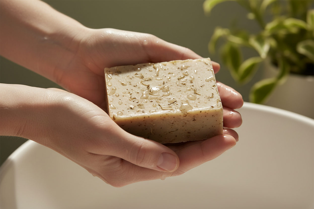 Pretty Young Girl hold a bar soap 